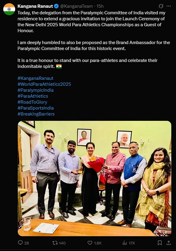Kangana Ranaut Appointed Brand Ambassador For World Para Athletics Championships 2025